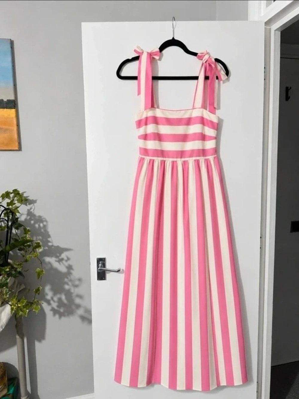 Striped Pink and Cream Midi Sundress with Tie Straps